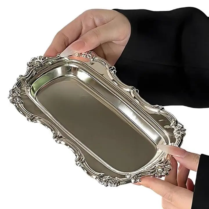 A95I-Bandeja de servir vintage de acero inoxidable repujado para postres, almacenamiento de joyas, plato de aperitivos para decoración de mesa de comedor