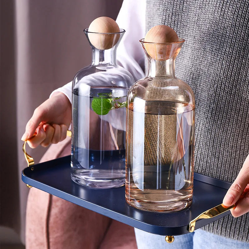 Jarra de agua de cristal estilo nórdico con tapa de madera, recipiente para bebidas frías, té, tetera, menaje del hogar, botella de agua transparente WF