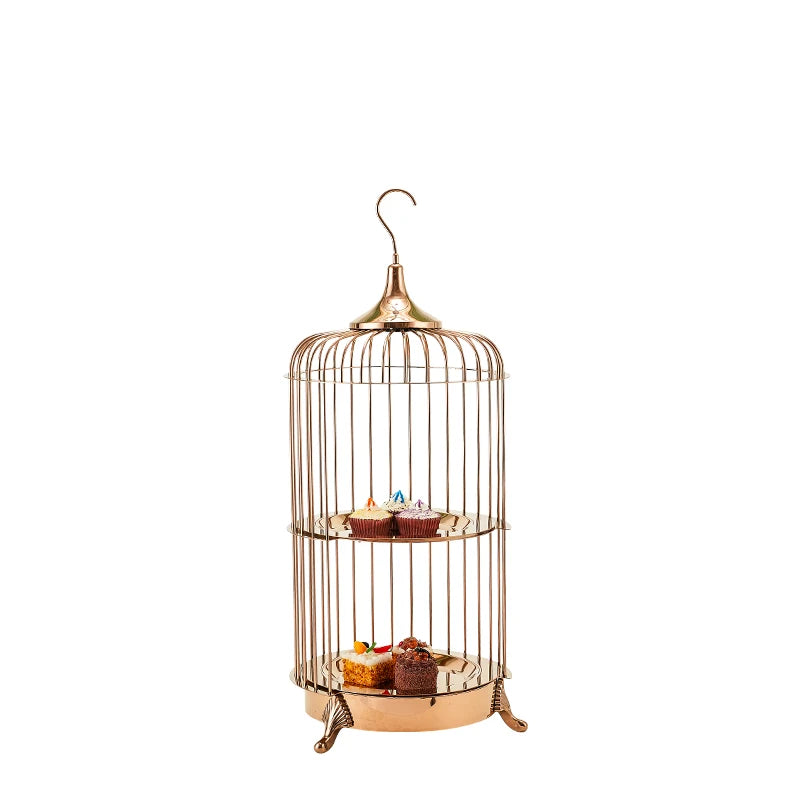 Expositor de postres para catering, té de la tarde, bufé dorado, jaula para pájaros, estante para presentación de comida