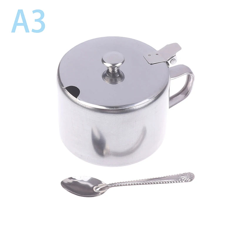 Azucarero práctico de acero inoxidable con tapa de asa y cuchara, recipiente para especias a prueba de polvo e impermeable para cocina y restaurante