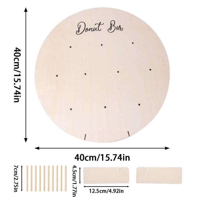 Soporte para donas, expositor de pared para donas, tablero de madera reutilizable con clavijas para despedidas de soltera, cumpleaños, bodas y decoración de mesas de fiesta