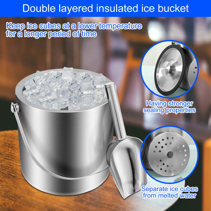 Cubo de hielo de 2L con asa, cubitera de doble pared aislada, recipiente de acero inoxidable para cubitos de hielo para fiestas en bares de cócteles