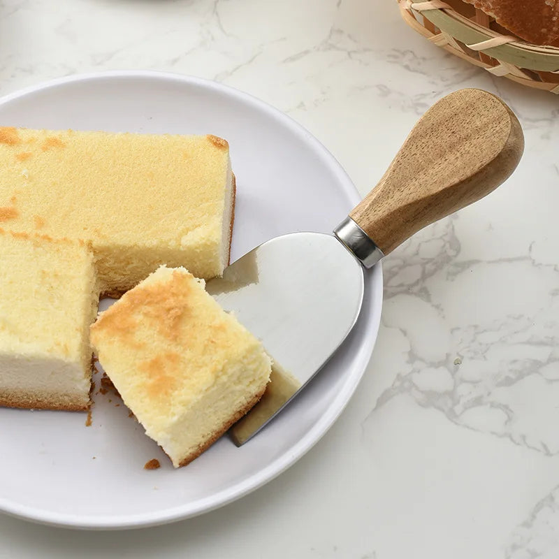 Juego de 4 cuchillos para queso de acero inoxidable con mango de madera, cortador de queso y mantequilla, espátula para mermelada y crema, cuchillo para pizza, juego de utensilios de cocina