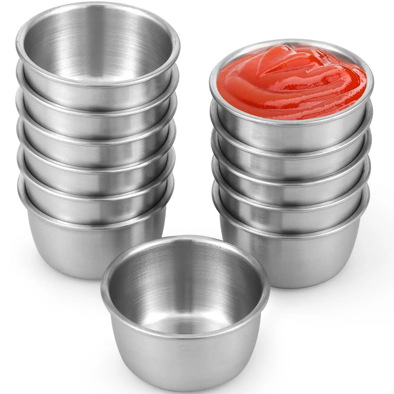 Juego de 12 cuencos para salsa de acero inoxidable 304, tazas para mojar redondas, recipientes para condimentos reutilizables de 45/55 ml