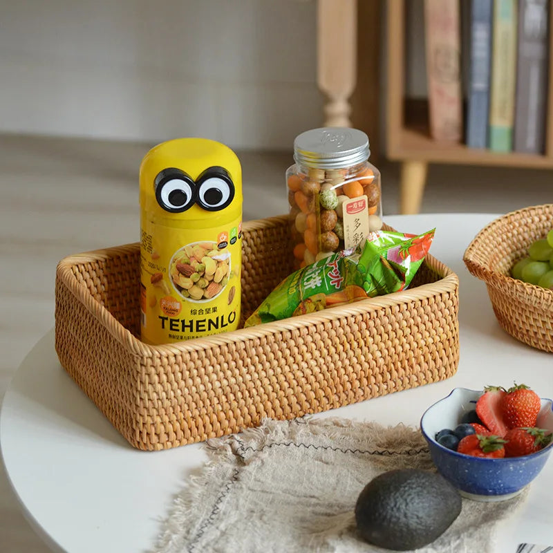 Cesta organizadora tejida a mano, cesta de mimbre, cesta rectangular de ratán, bandeja de almacenamiento, cesta para pan, frutas, picnic, caja de almacenamiento de cosméticos