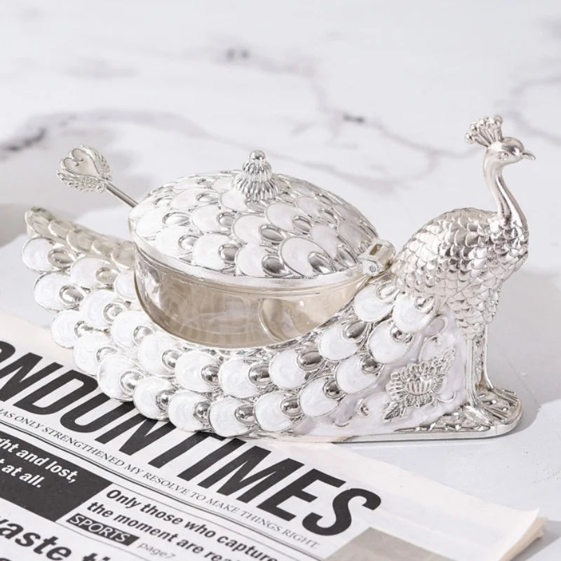 Azucarero, recipiente de aleación con forma de pavo real plateado con tapa, tarro para granos de café, tarros para azúcar y productos lácteos, utensilios de cocina