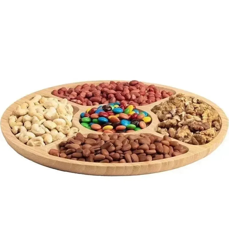 Bandeja de frutas de bambú redonda de cinco compartimentos, plato para aperitivos, frutas y frutos secos, plato de madera con divisores