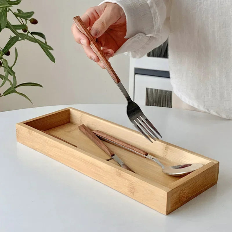 Bandeja de té rectangular de MADERA Bandeja de servicio de madera Plato Fruta Pan Comida Bandeja de almacenamiento Soporte de vajilla Suministros de cocina para el hogar
