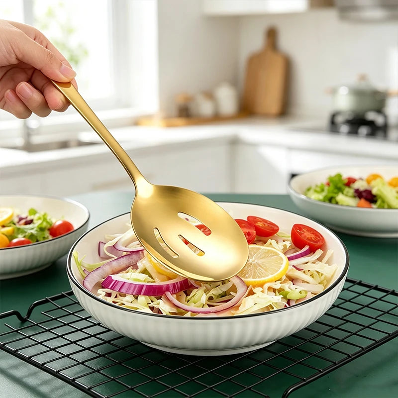 Juego de 5 cucharas y tenedores para servir de acero inoxidable 1010, vajilla grande para compartir, cubiertos multiusos para buffet, banquetes y catering.