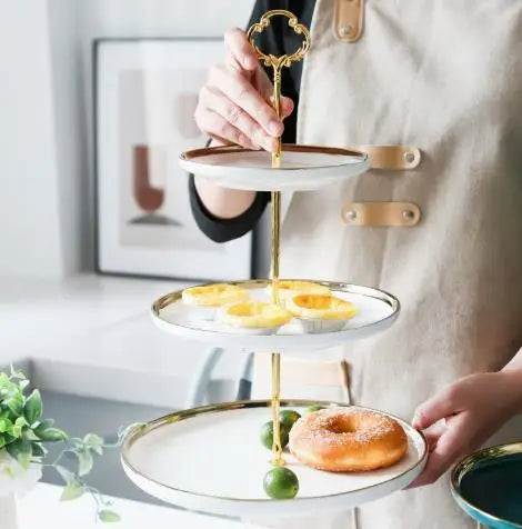 Plato de frutas de cerámica verde esmeralda, platos para pastel de tres niveles, bandeja de varios niveles para dulces y postres, soporte para bocadillos para la hora del té, uso doméstico