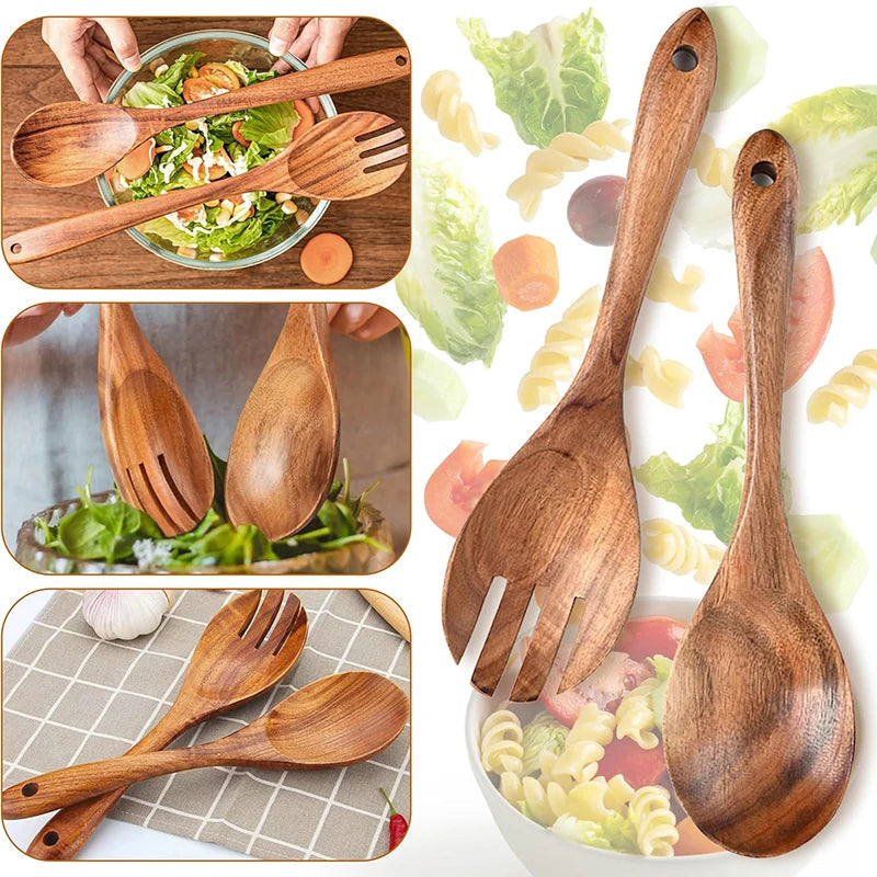 Juego de 2 piezas de cubiertos de madera para ensalada, cuchara y tenedor, kit de cuchara y tenedor para ensalada, utensilios de cocina con mango largo para servir ensalada