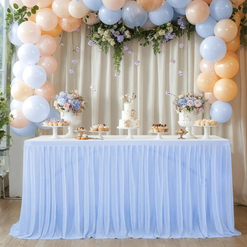 Falda de mesa de tul para mesa rectangular de 14 pies, falda de mesa con volantes semitransparente para decoración de manteles en banquetes, fiestas y bodas