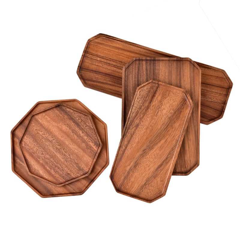 Bandejas de servir de madera de acacia natural, platos de madera octogonales y rectangulares para comida, café, postres, decoración y organizador de cocina