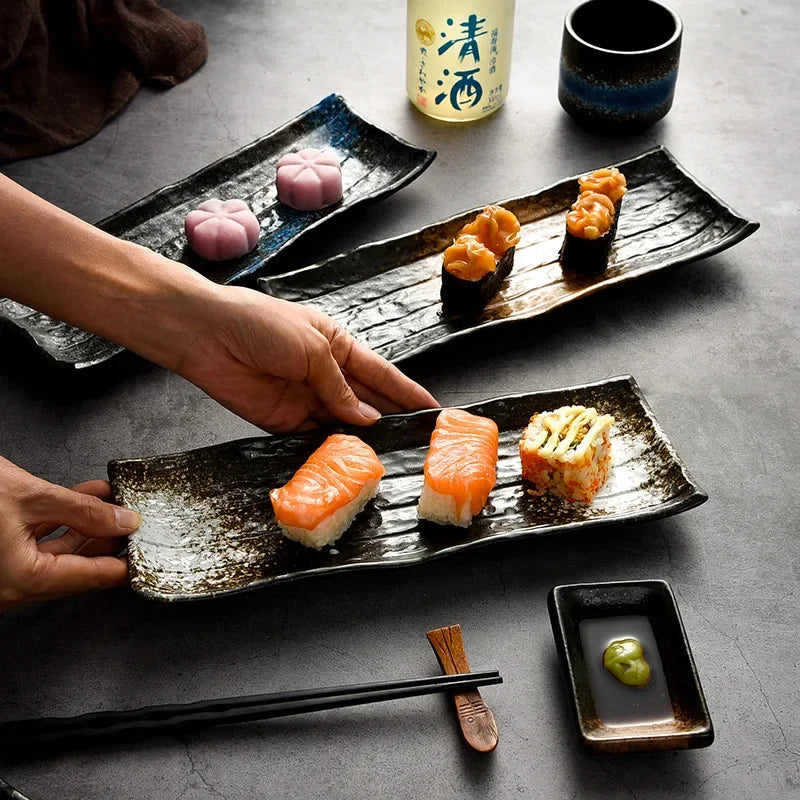 Plato de cerámica para barbacoa, carne, sushi, rayas negras, vajilla de cocina, cocina coreana, pescado saury, frutas, postres, plato para servir sushi