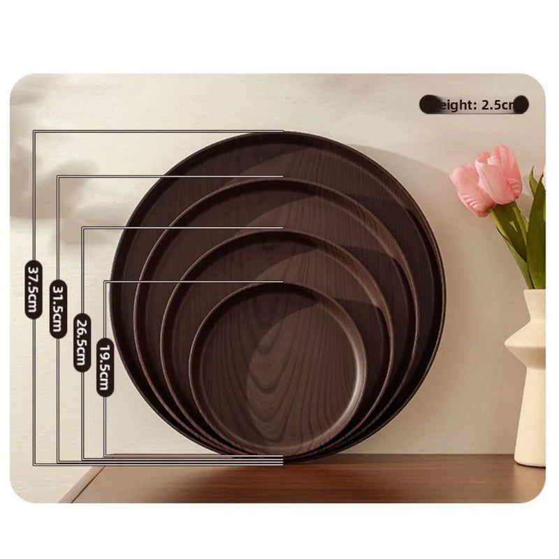 Bandeja de imitación de madera, nueva, de 20/26/32/38 cm, hecha a mano, forma redonda, bandeja de servir de imitación de madera, bandeja de plástico para comida, para servir el desayuno