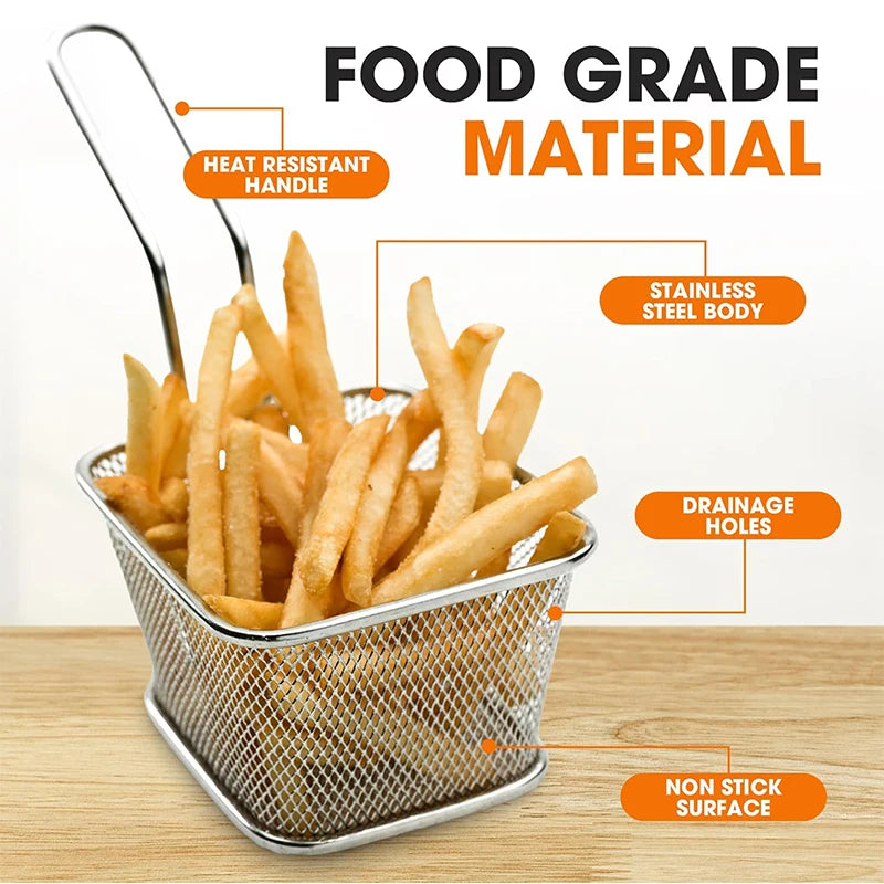 4 cestas de freír cuadradas mini de acero inoxidable, cestas para servir alimentos fritos con mango para aros de cebolla y aperitivos
