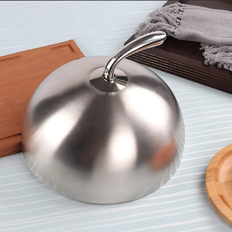 AFOURT-2 piezas 24 cm Tapa para bistec de acero inoxidable, cúpula para Teppanyaki, tapa para platos, cubierta redonda para comida, a prueba de aceite, para cocinar en casa y en la cocina