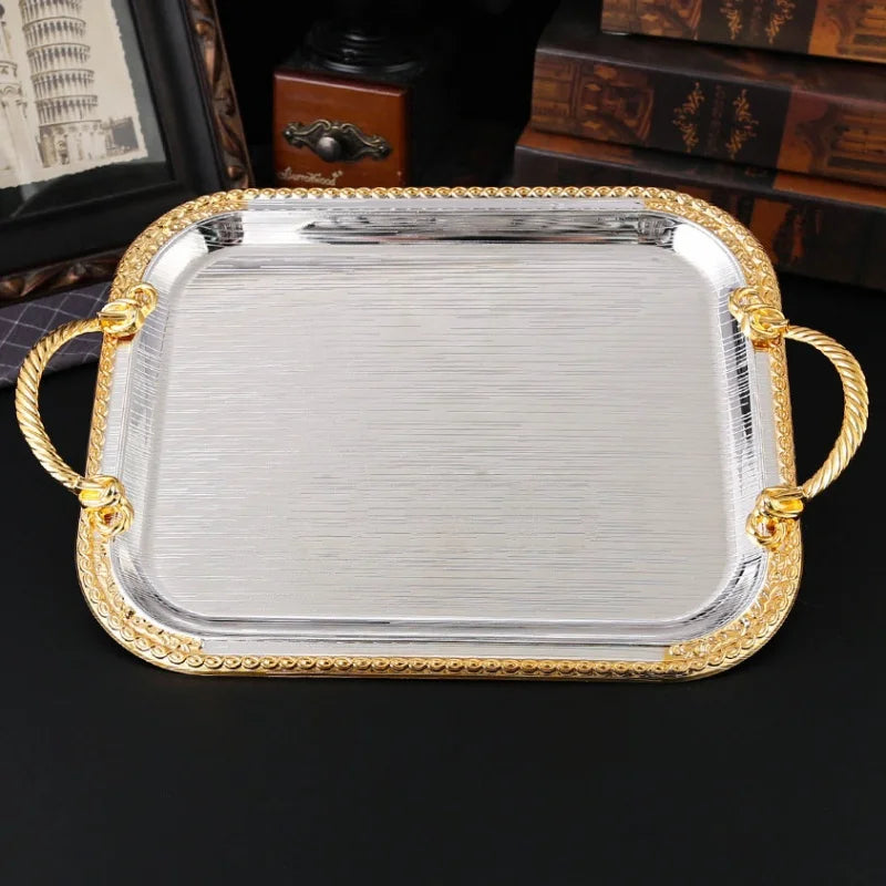 Bandeja de frutas, plato de metal para pasteles, disco portátil para aperitivos de superficie lisa plateada, organizador de frutos secos, decoración de escritorio para fiestas de boda