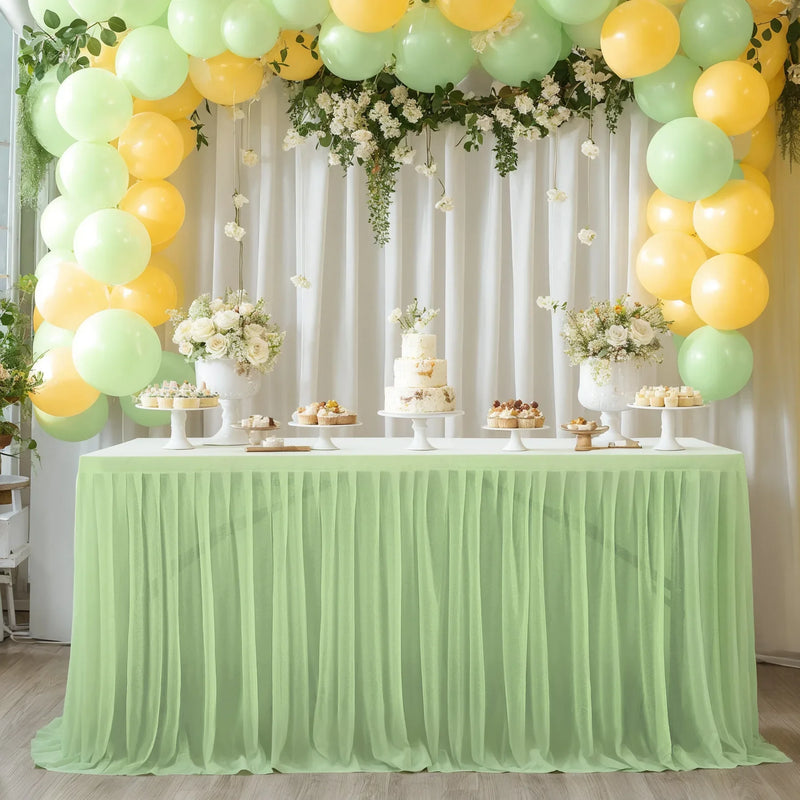 Falda de mesa de tul para mesa rectangular de 14 pies, falda de mesa con volantes semitransparente para decoración de manteles en banquetes, fiestas y bodas