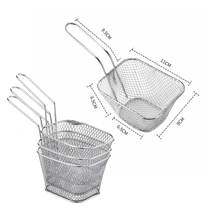 4 cestas de freír cuadradas mini de acero inoxidable, cestas para servir alimentos fritos con mango para aros de cebolla y aperitivos