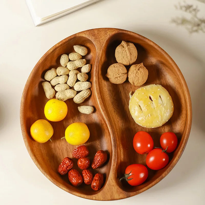 Bandeja redonda de madera con compartimentos HeMu para aperitivos, frutos secos, frutas, galletas y bocadillos, plato rústico de 5 compartimentos para cocina