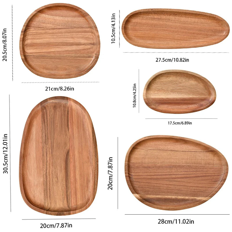 1 bandeja ovalada para servir comida, plato de madera de acacia para aperitivos y postres, bandeja de té, servidor de comida natural, platos para bebidas