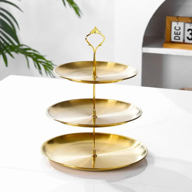 Soporte de acero inoxidable para pasteles de restaurante, expositor de postres desmontable, plato de frutas dorado y plateado, bandeja para aperitivos y dulces