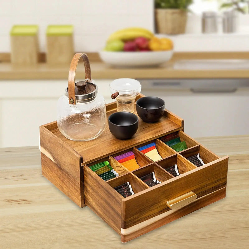 Organizador de bolsas de té de madera con múltiples compartimentos, práctica caja organizadora de té para exhibición en el hogar, despensa, cocina, oficina y encimera