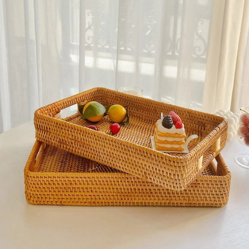 Bandeja de servicio con asas, cesta de ratán rectangular de gran capacidad, duradera y decorativa para frutas, postres, cocina y hogar