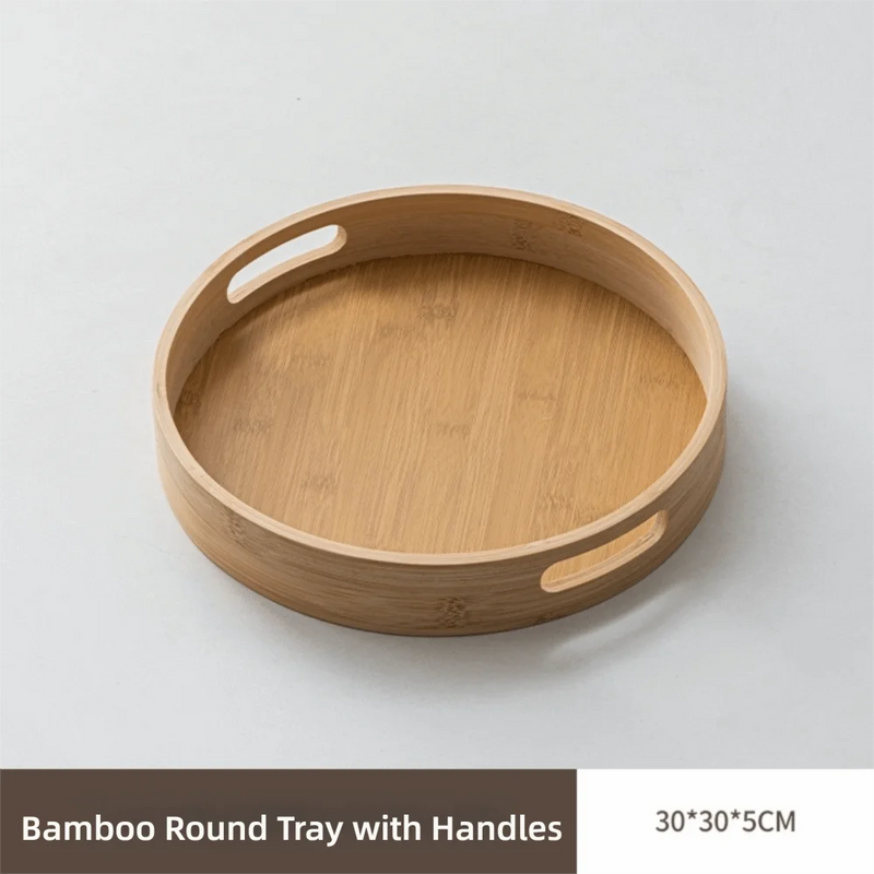 Nueva bandeja redonda de madera con asas para té y comida, 25/30/35/40 cm, bandeja de servicio para desayuno y cena