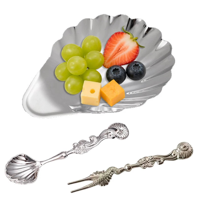 Plato de acero inoxidable con forma de concha para postres, queso, té, aperitivos, frutas, vajilla, almacenamiento de joyas o decoración de mesa