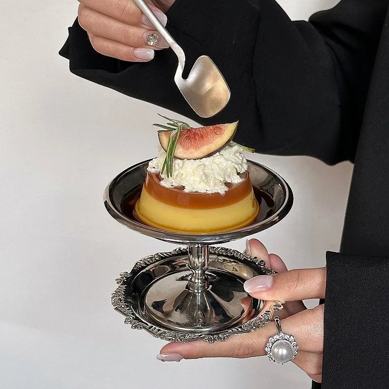 Plato de postre de acero inoxidable, bandeja para pasteles, taza de helado, taza alta, plato para té, bocadillos, pudín, frutas, platos bonitos, decoración de mesa