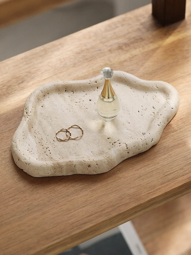 AhunderJiaz Bandeja de almacenamiento de travertino estilo nórdico Wabi-sabi, bandeja de almacenamiento para entrada, adorno decorativo, decoración de almacenamiento para el hogar