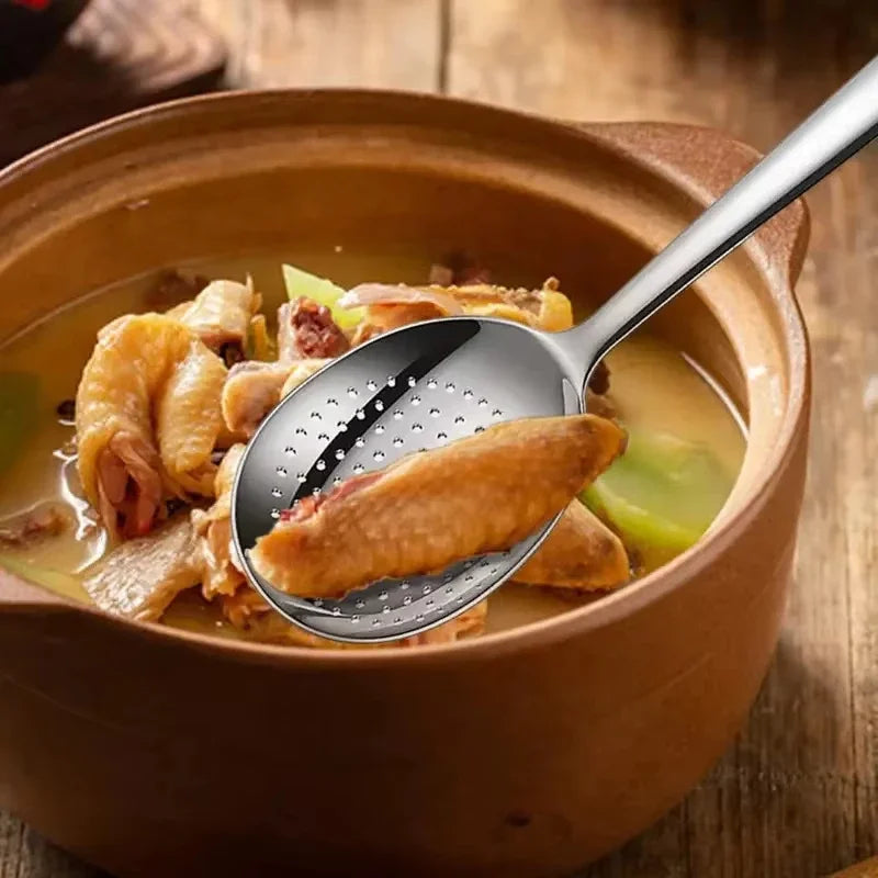 Cuchara de servir de acero inoxidable nueva para uso público en restaurantes, cucharón grande para filtrar sopa y arroz, juego de utensilios de cocina en tono plateado