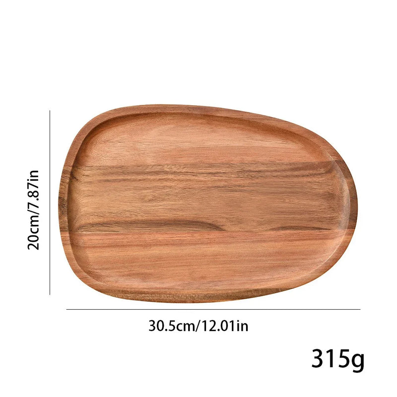 1 bandeja ovalada para servir comida, plato de madera de acacia para aperitivos y postres, bandeja de té, servidor de comida natural, platos para bebidas
