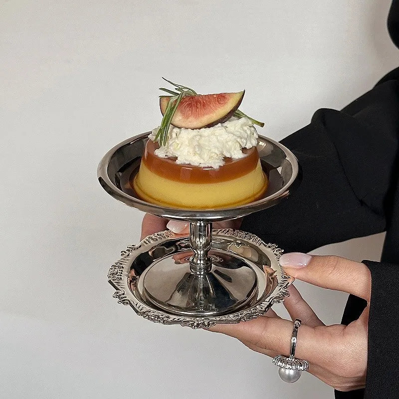 Plato de postre de acero inoxidable, bandeja para pasteles, taza de helado, taza alta, plato para té, bocadillos, pudín, frutas, platos bonitos, decoración de mesa