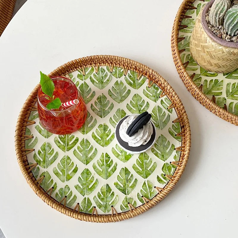 Bandeja redonda de ratán hecha a mano, conchas coloridas, bandeja de almacenamiento, invitados en casa, comedor, decoración de mesa, decoración del hogar