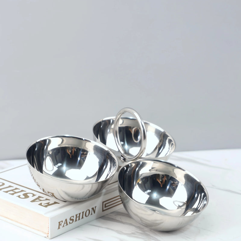 Cuencos para servir de acero inoxidable de 3 compartimentos, platos divididos para aperitivos con acabado pulido espejo, recipientes de comida para fiestas, hogar, cocina y comedor