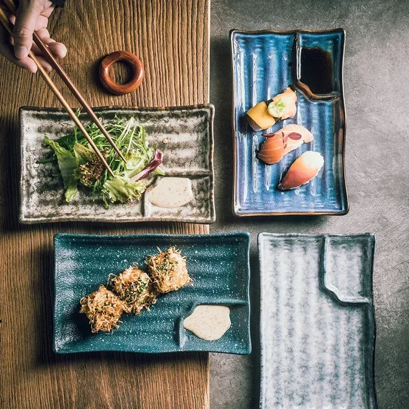 Plato de cerámica japonés para dumplings con recipiente para salsa, plato creativo para sushi en casa