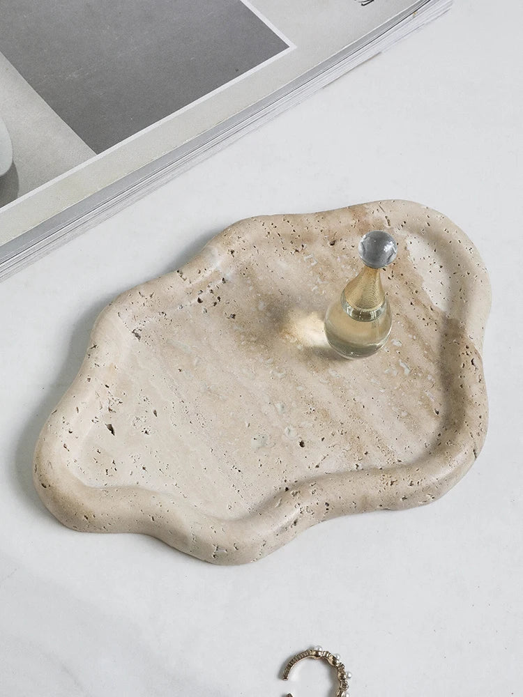 AhunderJiaz Bandeja de almacenamiento de travertino estilo nórdico Wabi-sabi, bandeja de almacenamiento para entrada, adorno decorativo, decoración de almacenamiento para el hogar