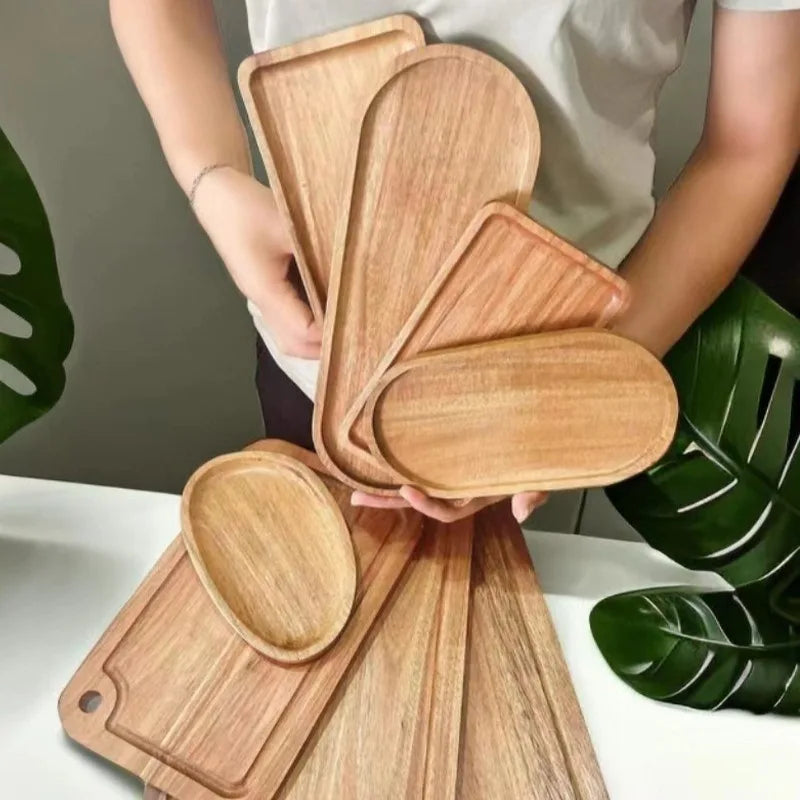 Bandeja decorativa de madera de acacia estilo Wabi Sabi, bandeja ovalada de madera natural para decoración de mesa, organizador pequeño