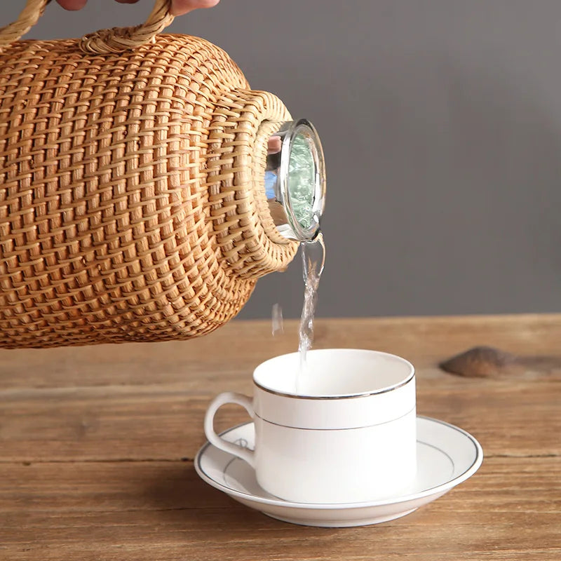 Termo de ratán tejido a mano de 1L para té o café, jarra térmica vintage, botella de agua caliente, termo, jarra térmica, tetera termo