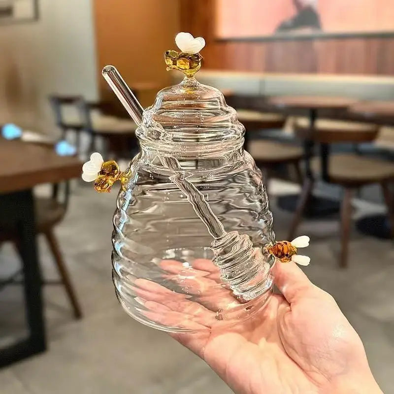 Tarro de miel de cristal con cucharón y tapa, tarro de miel decorativo con diseño de abeja, recipiente de cristal transparente de 14 oz para cocina