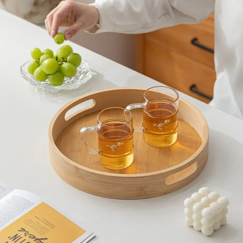 Nueva bandeja redonda de madera con asas para té y comida, 25/30/35/40 cm, bandeja de servicio para desayuno y cena