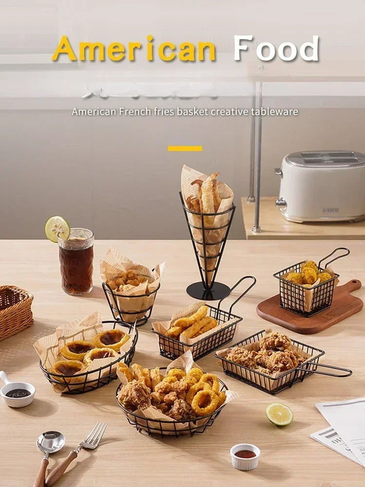 Cesta para patatas fritas, cubo para aperitivos, cesta para pollo frito, cesta de almacenamiento para patatas, cesta para freír alimentos, colador de aceite, recipiente de vajilla creativo