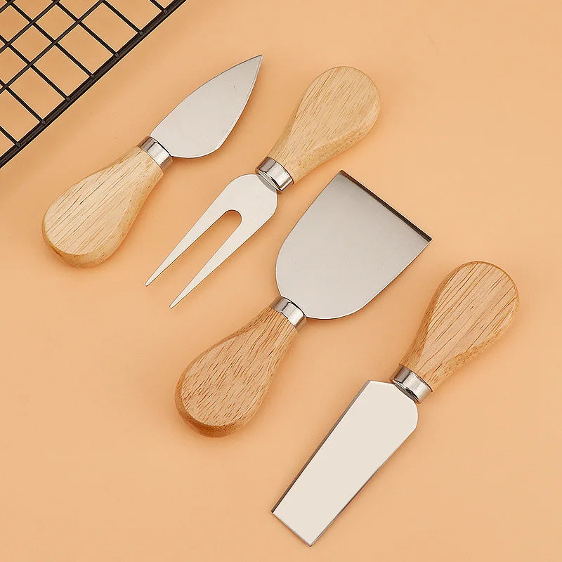 Juego de 4 cuchillos para queso de acero inoxidable con mango de madera, cortador de queso y mantequilla, espátula para mermelada y crema, cuchillo para pizza, juego de utensilios de cocina