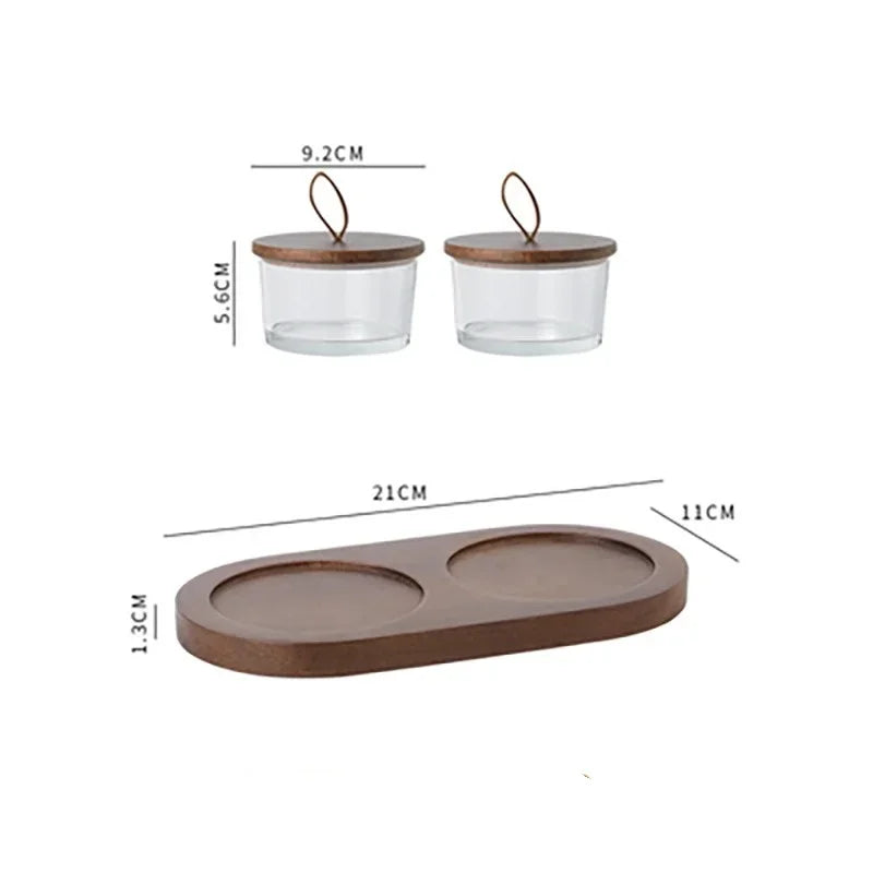Plato de cristal para frutos secos, tarro de cristal japonés con tapa de madera, bandeja compartimentada para aperitivos, bandeja de aperitivos para el hogar
