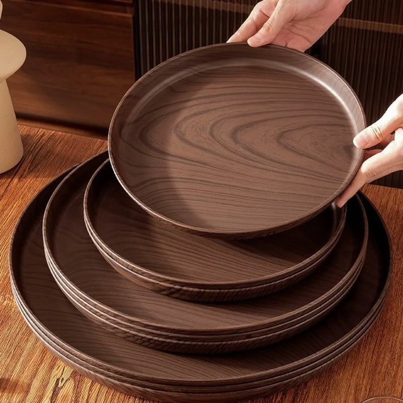 Bandeja de imitación de madera, nueva, de 20/26/32/38 cm, hecha a mano, forma redonda, bandeja de servir de imitación de madera, bandeja de plástico para comida, para servir el desayuno