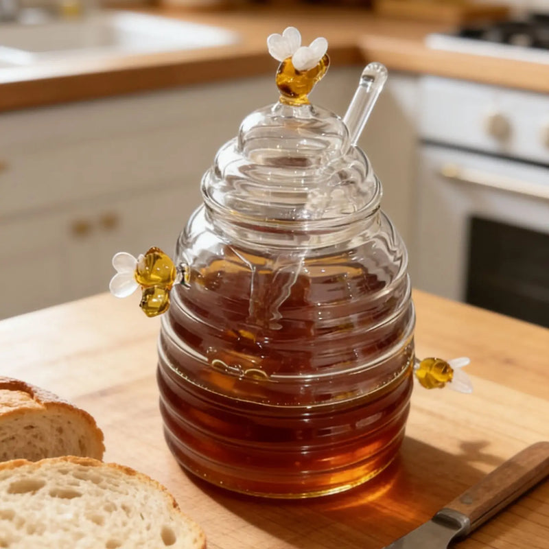Tarro de miel de cristal con cucharón y tapa, tarro de miel decorativo con diseño de abeja, recipiente de cristal transparente de 14 oz para cocina