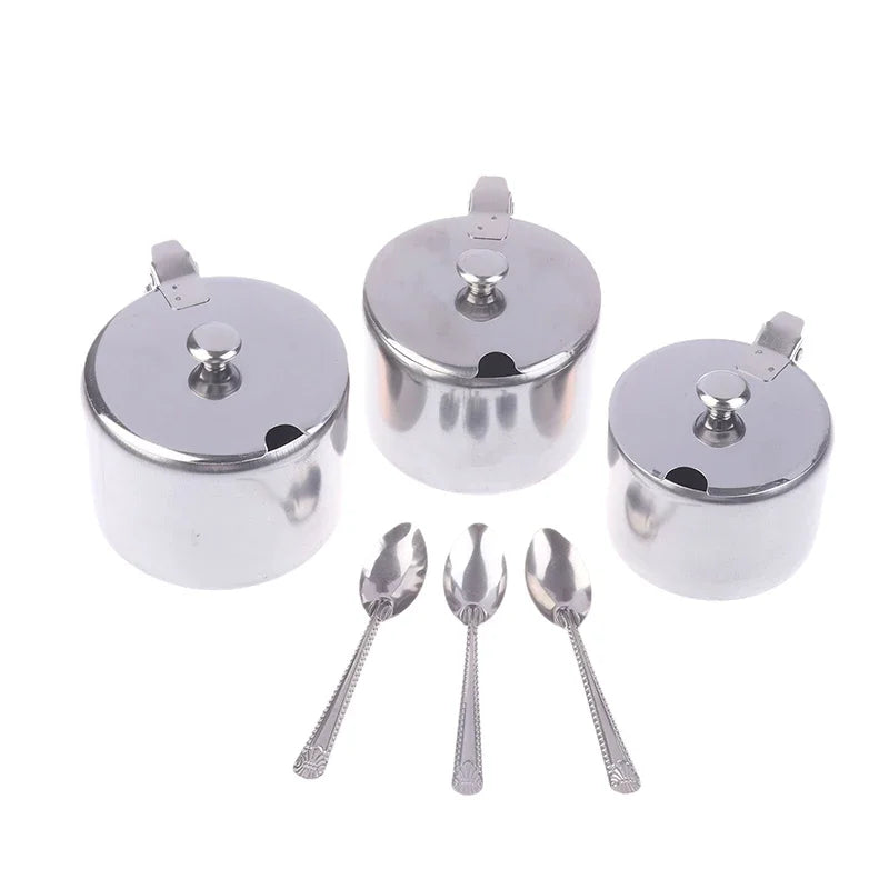 Azucarero práctico de acero inoxidable con tapa de asa y cuchara, recipiente para especias a prueba de polvo e impermeable para cocina y restaurante